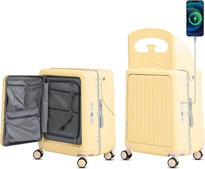 smilesun 20" Carry On Luggage with Seat For Kids & Adults，Hardside Ride On Suitcase Front Opening with 360°Spinner and TSA Lock For Travel (Yellow with Front Open, 20")