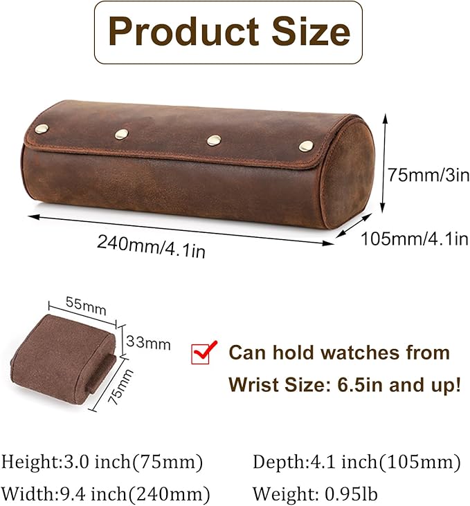 Genuine Leather Watch Roll Travel Case, Travel Watch Case for Men, Leather 3-Watches Roll Case for Bracelets, Portable Watch Storage Organizer with Removable Pillows