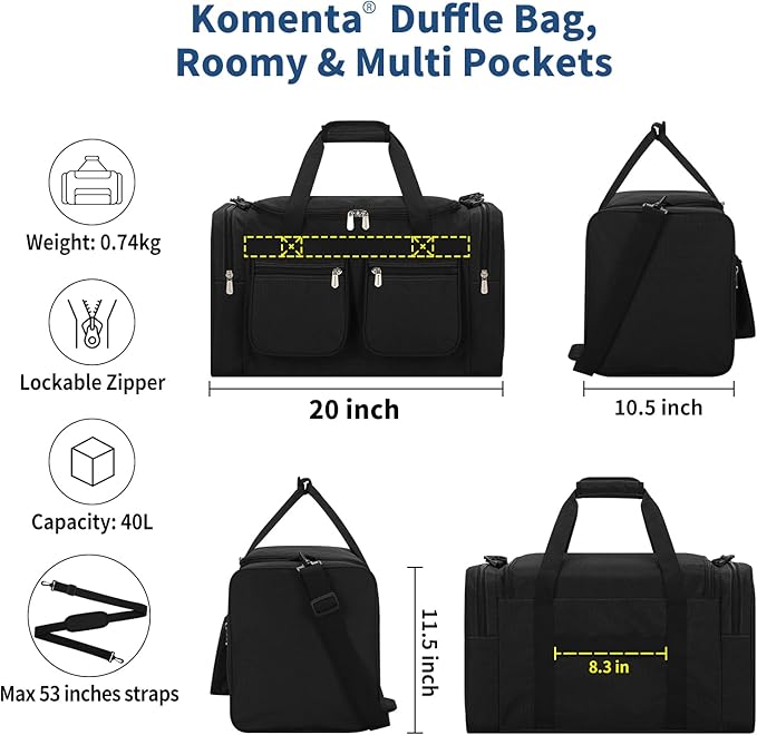 20 inch Gym Bag for Men, 40L Sports Duffle Bag with side pockets durable Weekend Overnight Bag for Travel, Workout, Fitness (Black)