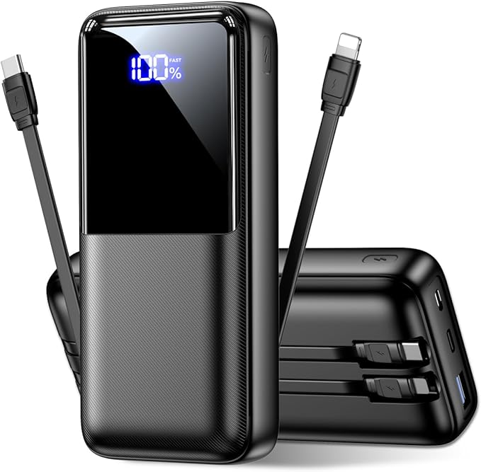 Portable Charger Power Bank - 40000mAh Fast Charging Powerbank Battery Pack with Built in USB-C(22.5W) and iOS(20W) Output Cable，Deep Black