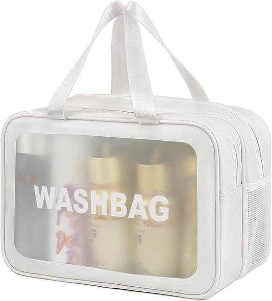 Travel Toiletry Bag for Women and Men, Matte Translucent Toiletry Bag with Handy Handle, Makeup Cosmetic Organizer Bag for Travel Toiletries Accessories (White-XL)