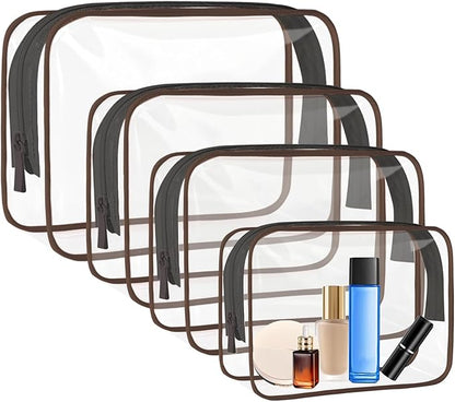 4 Pcs Clear Toiletry Bag, Portable Makeup Cosmetic Bags Pouch with Zipper, PVC Clear Travel Pouch for Women Men - Brown