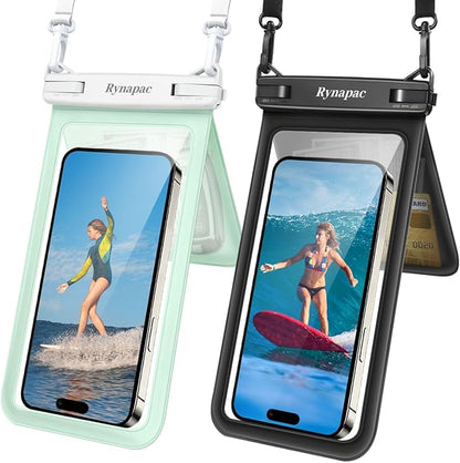 Waterproof Phone Pouch, [Up to 8.5''] Double Space Waterproof Phone Case with Lanyard for iPhone 17 16 15 Pro Max Galaxy S25 Ultra, Cellphone Dry Bag for Beach Vacation, 2 Pack (Black & Mint Green)