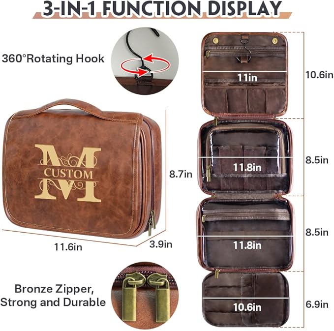 HDSD Custom 3-in-1 PU Leather Toiletry Bag For Men Personalized Hanging Travel Organizer Bag for Father Husband Boyfriend (Yellowish brown)