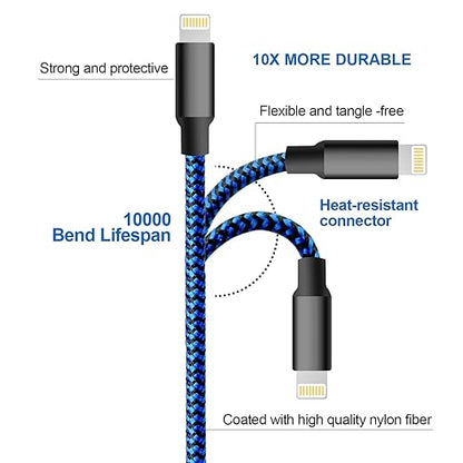 cugunu iPhone Charger, 5 Pack 3/3/6/6/10FT Apple MFi Certified USB Lightning Cable Nylon Braided Fast Charging Cord Compatible for iPhone 14/13/12/11/X/Max/8/7/6/5/SE/Plus/iPad - Black Blue