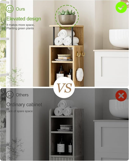 Bathroom Storage Cabinet,Small Corner Floor Cabinet with 2 Hook,Narrow Tall Toilet Paper Cabinet with Adjustable Shelves,Bathroom Organizer for Living Room,Small Spaces (Wave, Oak-37''H)