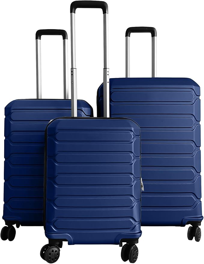 GYMAX Luggage Sets 3 Pieces Hardside Suitcase with Spinner Wheels & Lock, 20” Carry On, 24” & 28” Checked Luggage Set, Lightweight Portable for Travel, Business (Navy,Stripe)