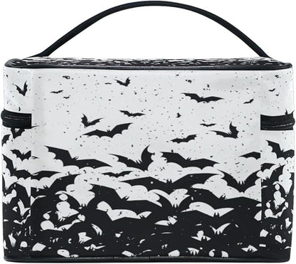 Makeup Train Case Black Bat Halloween Korean Carrying Portable Zip Travel Cosmetic Brush Bag Organizer Large for Girls Women