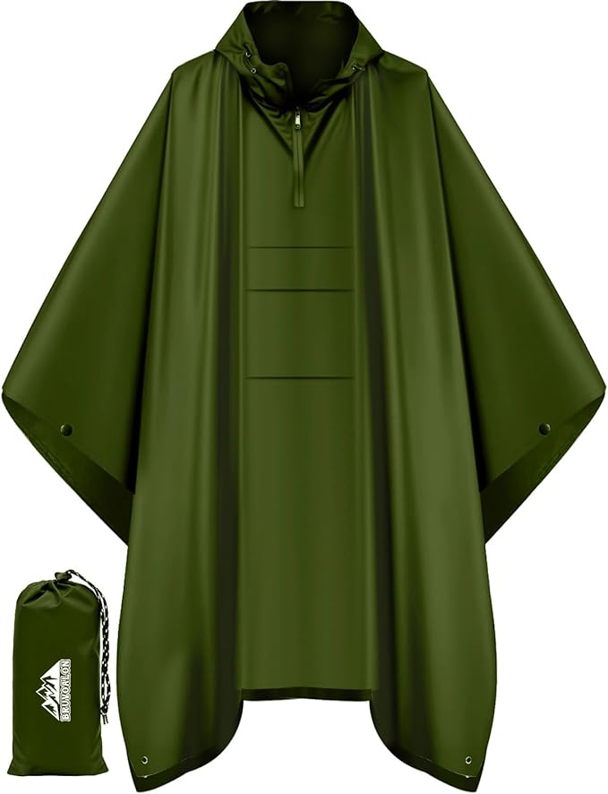 Bruvoalon 3-in-1 Rain Poncho with 1/4 Zip & Chest Pocket, Waterproof, Sunshade, Ground Mat for Adults & Youth Emergency