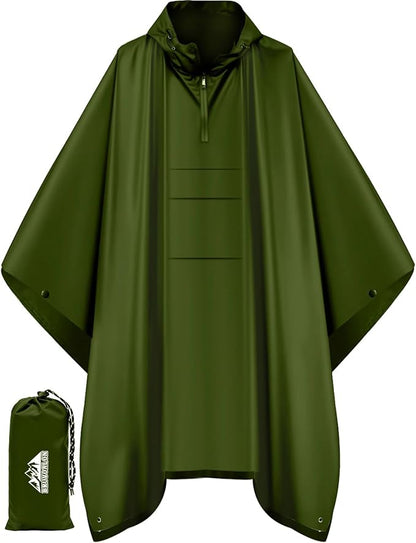 Bruvoalon 3-in-1 Rain Poncho with 1/4 Zip & Chest Pocket, Waterproof, Sunshade, Ground Mat for Adults & Youth Emergency