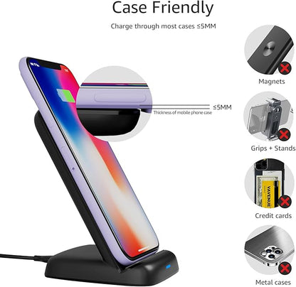 Amazon Basics 10W Qi Certified Wireless Charging Stand, for Phone 16/15/14/13/12/11/X, Samsung, and More, with USB Cable (No AC Adapter), Black