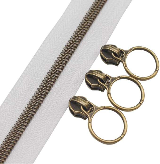 YaHoGa #5 Antique Brass Metallic Nylon Coil Zippers by The Yard Bulk White Tape 10 Yards with 20pcs Sliders for DIY Sewing Tailor Craft Bag (Anti-Brass White)