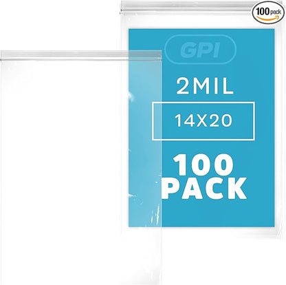 GPI - Extra-large Zip Bags, 14" x 20" Large Reclosable Lock Zip Bags, Clear Plastic Zipper Storage Bags with Zip Top Lock for Freezer, Apparel, Clothing, Food, Supplies - 100 Count