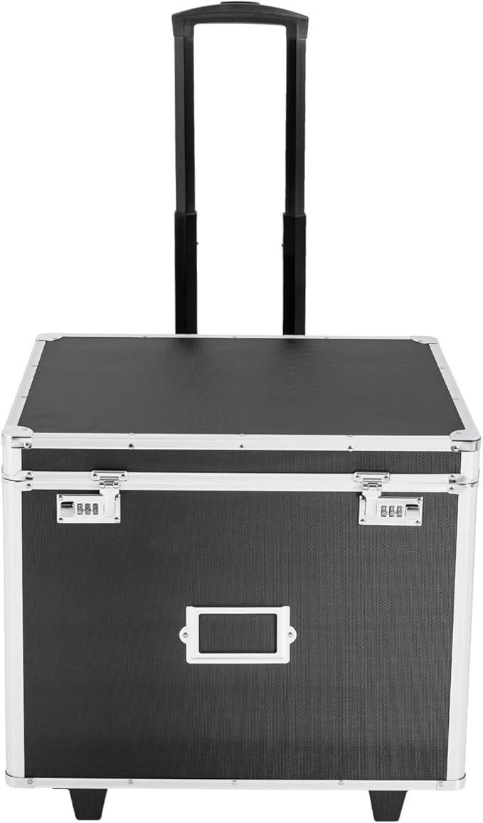 Locking File Storage Box Portable, Aluminum Alloy File Organizer Box Mobile Document Box with Wheels, Hand Pull Locking File Case File Cabinet for Home Office Hospitals Banks School (Black)
