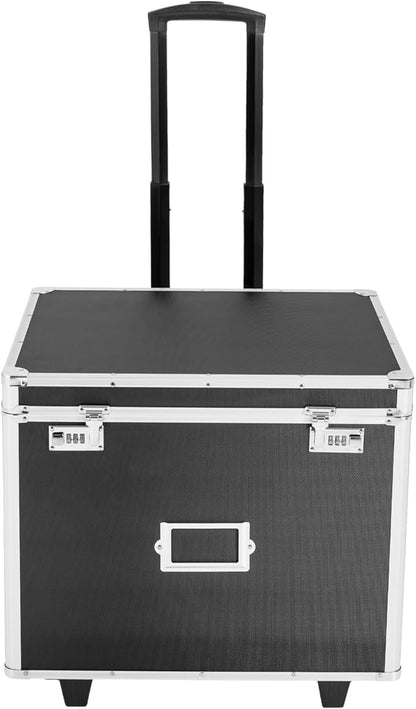 Locking File Storage Box Portable, Aluminum Alloy File Organizer Box Mobile Document Box with Wheels, Hand Pull Locking File Case File Cabinet for Home Office Hospitals Banks School (Black)