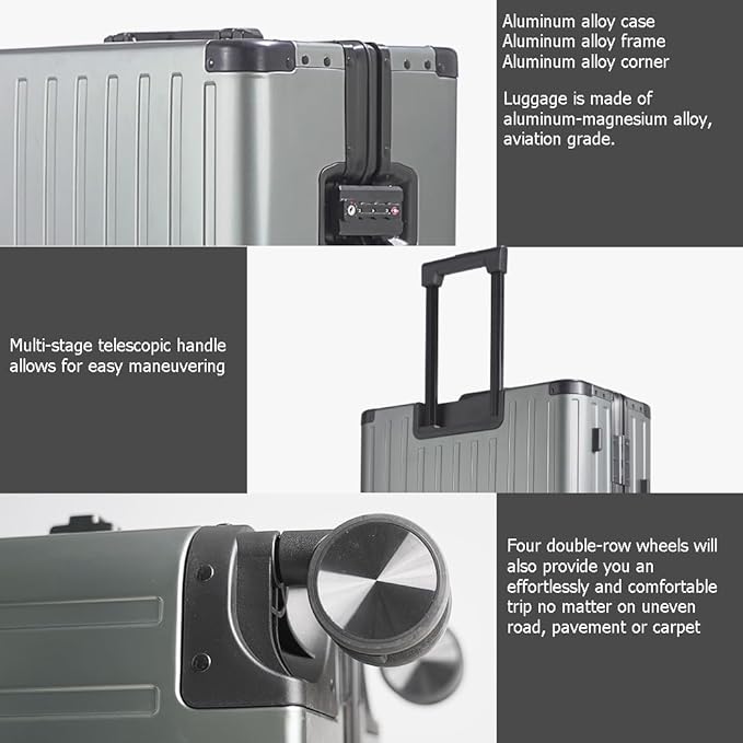 28-inch Aluminum Checked Suitcase: Gunmetal Gray - Full Metal Shell - Crush-Resistant & Burst-Proof, TSA Lock & Spinner Wheels for Business Travel - Men Women