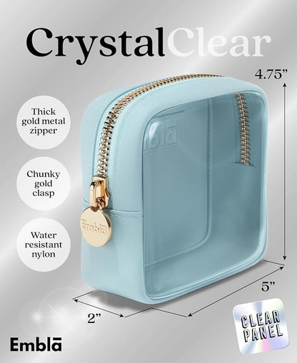 Embla London Makeup Bag Cosmetic Case, Clear Zipper Make Up Pouch and Toiletry Travel Tote, Cute Skincare Pouches for Women Girls, Preppy Purse Cosmetic Organizer, Mini Makeup Bags, Sky Blue