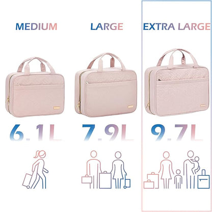 NISHEL Travel Toiletry Bag for women, Portable Hanging Organizer for Family-Sized Shampoo, Conditioner, Brushes Set, Makeup Accessories, Extra Large Size, Pink
