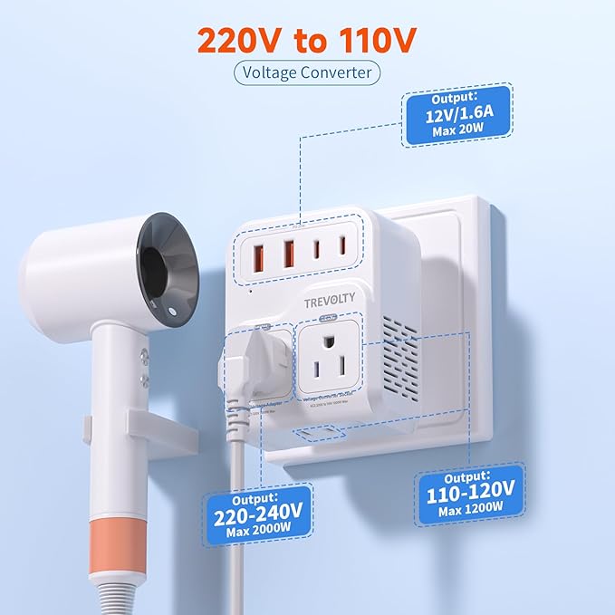 2000W Voltage Converter, 220V to 110V Converter for Hair Dryers PC Phone Kettle, Universal Travel Plug Adapter for 230+ Countries, 7 in 1, 3 AC/2 USB/2 Type-C Ports