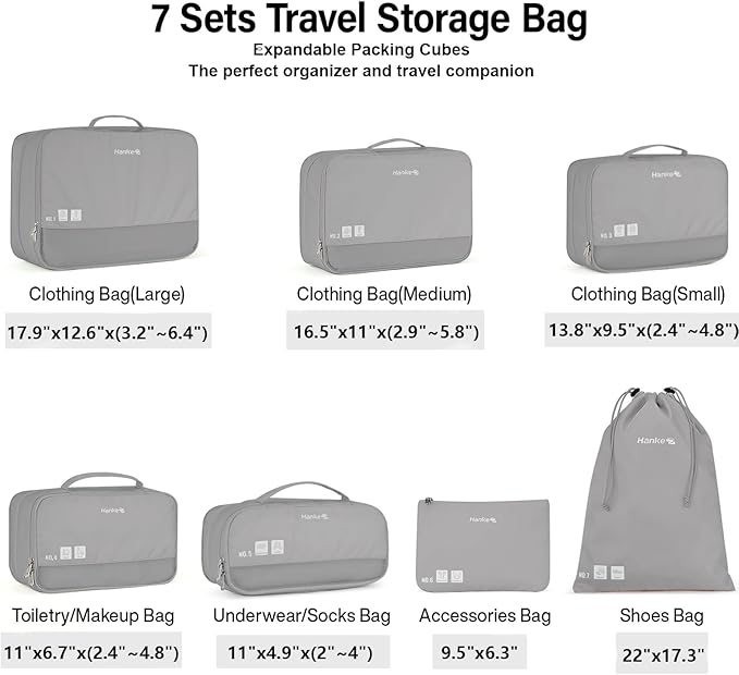 Hanke 7 Set Compression Packing Cubes for Travel, Expandable Large Packing Cubes for Suitcases and Backpack, Luggage Packing Organizer Bags with Double Zipper as Travel Essentials
