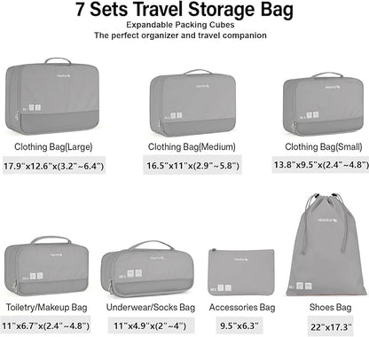 Hanke 7 Set Compression Packing Cubes for Travel, Expandable Large Packing Cubes for Suitcases and Backpack, Luggage Packing Organizer Bags with Double Zipper as Travel Essentials