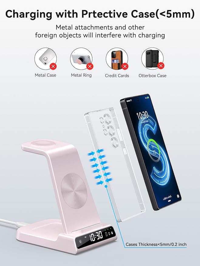 Wireless Charger for Samsung Charging Station with Clock for Samsung Galaxy S25 Ultra/S24 Ultra/Z Flip 6/5/Fold 5/Bud 2, 3 in 1 Charging Station Watch Charger for Samsung Galaxy Watch 7/6/5Pro(Pink)