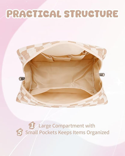 Narwey Birthday Gifts for Women Teen Girls Kids Personalized Initial Checkered Makeup Bag Cute Cosmetic Bag Trendy Stuff 6 8 10 11 12 13 14 16 18 Years Old Travel Toiletry Bag (Brown Letter E)