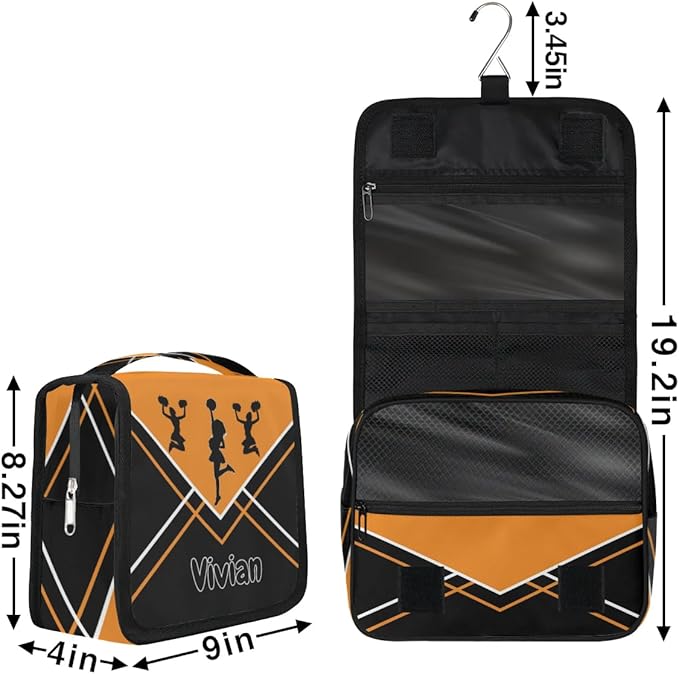Custom Travel Toiletry Bag with Hanging Hook, Spacious Waterproof Cheerleading Toiletry Bag for Women for Travel Accessories, Toiletries Essentials. Orange Black Cheer