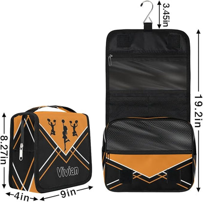 Custom Travel Toiletry Bag with Hanging Hook, Spacious Waterproof Cheerleading Toiletry Bag for Women for Travel Accessories, Toiletries Essentials. Orange Black Cheer