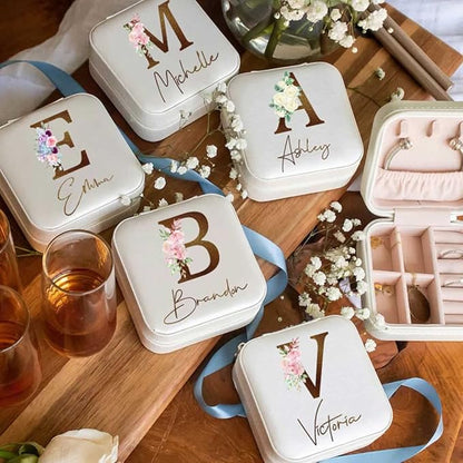 DayOfShe Personalized Bridesmaid Gifts-Travel Jewelry Box for Bachelorette Party Gifts-Leather Initial Floral Jewelry Organizer for Maid of Honor Gift for Bridesmaids
