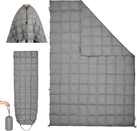 Down Camping Blanket - Lightweight, Packable, Warm & Puffy Outdoor Travel Quilt for Sleep, Hiking, Backpacking, Stadium, Festivals, Water-Resistant Sleeping Bag 55"x79"
