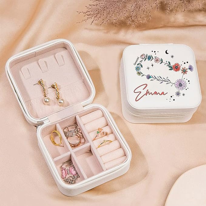 NICEDREAM Personalized Floral Constellation Jewelry Box Custom Name 12 Constellations Travel Jewelry Case Organizer Box for Earrings Rings Necklaces Gift for Women Girls
