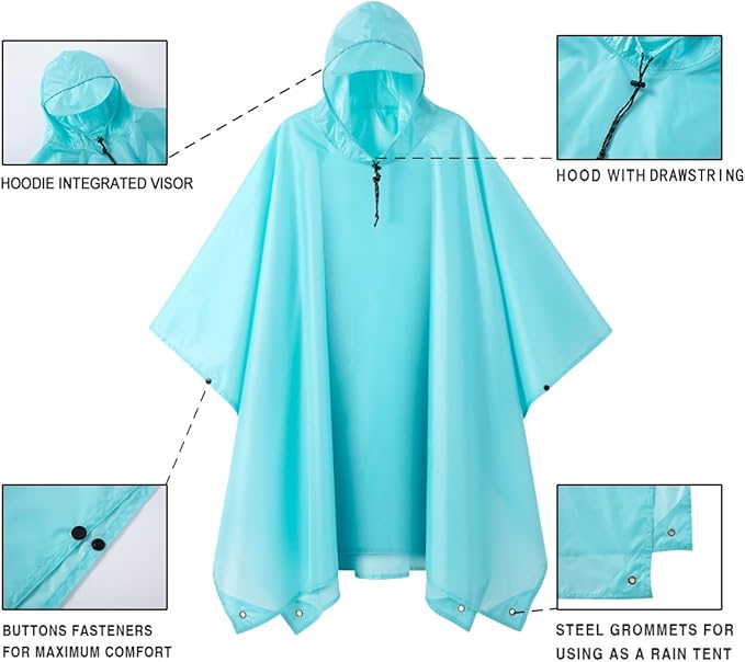 Hooded Rain Poncho for Adult, Waterproof Lightweight Raincoat for Hiking Camping