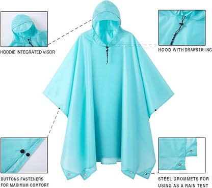 Hooded Rain Poncho for Adult, Waterproof Lightweight Raincoat for Hiking Camping