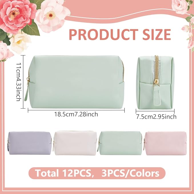 12Pcs PU Leather Cosmetic Pouch, Zipper Cosmetic Storage Bags Waterproof Small Makeup Bag Bulk Portable Toiletry Purse for Women Party Gift Travel Storage Organizer(Macaron Color)
