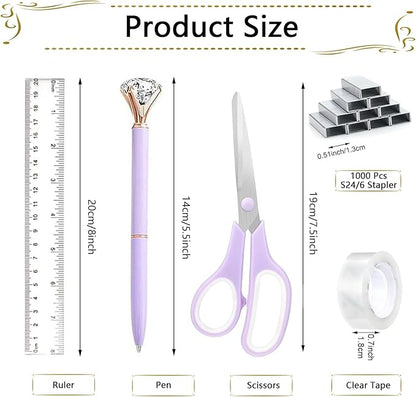 Office Supplies Set,Desk Accessories,Stapler and Tape Dispenser Set,1000 Staples,Staple Remover,Hinder Clips,Ruler,Scissor,Clear Tape,Ballpoint Pen,Sticky Notes,Gifts for Colleagues(Purple)