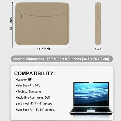 14 inch Laptop Case, Shockproof Protective Laptop Cover Briefcase Carrying Computer Bag with Accessory Pocket Portable Computer Sleeve for 14" MacBook, HP, Dell, Lenovo, Acer, Khaki