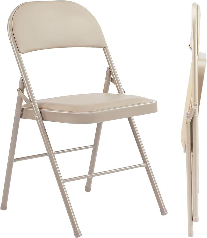 Folding Chairs 2 Pack, Portable Stackable Commercial Chair, Indoor Outdoor Padded Leather Chair with Sturdy Metal Frame, for Home, Office, or Party Events. (Kahki, 2 Pack)