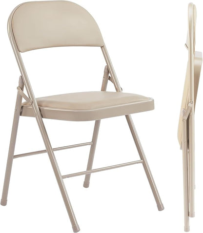 Folding Chairs 2 Pack, Portable Stackable Commercial Chair, Indoor Outdoor Padded Leather Chair with Sturdy Metal Frame, for Home, Office, or Party Events. (Kahki, 2 Pack)
