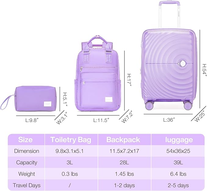 LARVENDER Carry On Luggage 22x14x9 Airline Approved, Expandable PP 20 inch Carry On Suitcases with Wheels, Lightweight Luggage Sets 3 Pieces for Women(LAVENDER/20/BP/TB)