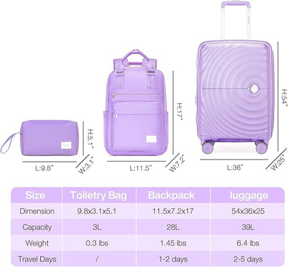 LARVENDER Carry On Luggage 22x14x9 Airline Approved, Expandable PP 20 inch Carry On Suitcases with Wheels, Lightweight Luggage Sets 3 Pieces for Women(LAVENDER/20/BP/TB)