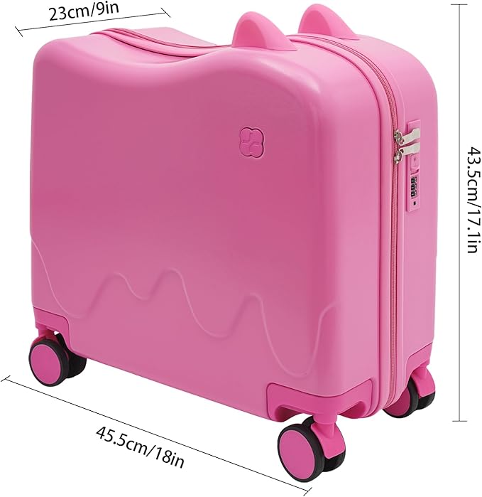 18-Inch Kids Ride-On Suitcase - Cute Lightweight Trolley Luggage with 4 Silent Spinner Wheels & Lock for Travel - Perfect for Ages 3-6 (Pink)