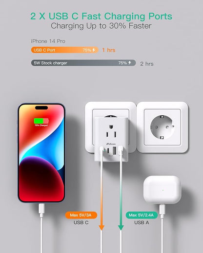 2 Pack European Travel Plug Adapter, International Power Adapter with 4 Outlets 4 USB C Ports (2 USB C), Type C Adapter for US to Most of Europe EU Italy Spain Greece Portugal France Germany