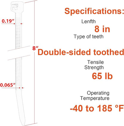 8 Inch Zip Ties Double Sided Toothed (Bulk 1000 Pack Black),65lbs Tensile Strength Heavy Duty Cable Wire Ties with Self-Locking Adjustable Nylon Tie Wraps for Indoor Outdoor (Patented Design)