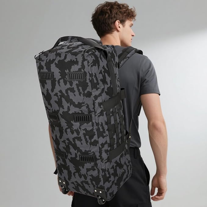 80L Waterproof Rolling Duffel Bag with Quick-Release Straps, Military Tactical Wheeled Foldable For Deployment Traveling Camping Sporting (Camouflage +Drawstring bag)