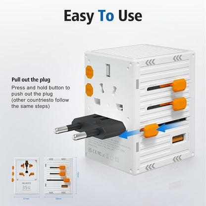 Travel Adapters, International Power Travel Plug Adapter, 3 USB-C & 1 USB-A Fast Charging Travel Charger, All in One Worldwide Travel Plug Adapter,(White-35W)