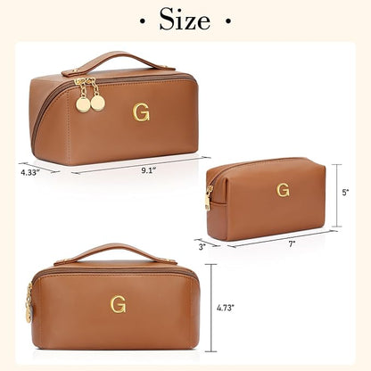 Birthday Gifts for Women Teen Girl, Personalized Initial Makeup Organizer Bag Set, Open Flat Travel Cosmetic Bag With Clear Divider and Handle(Brown,G)