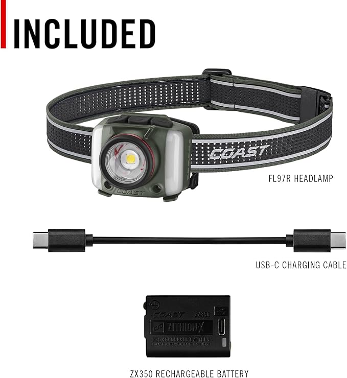 Coast FL97R Voice-Controlled 1200 Lumen Rechargeable LED Headlamp with Pure Beam® Spot & Flood, ARC Lighting, Red & Green Color Modes, Glide Focus™ Radial Arm Dial and USB-C Charge Port, Forest Green
