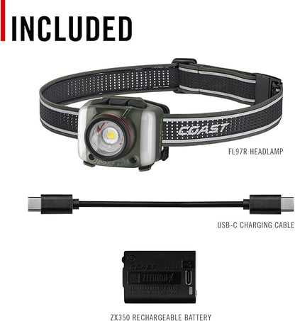 Coast FL97R Voice-Controlled 1200 Lumen Rechargeable LED Headlamp with Pure Beam® Spot & Flood, ARC Lighting, Red & Green Color Modes, Glide Focus™ Radial Arm Dial and USB-C Charge Port, Forest Green