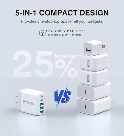 USB C Wall Charger Block, 2Pack 60W 5-Port C Charger Fast Charging Block PD Power Adapter +QC 3.0 Multiport Type C Box Brick Cube USB A Wall Plug for iPhone 15/16/17 Pro Max Plus, iPad,Samsung Galaxy